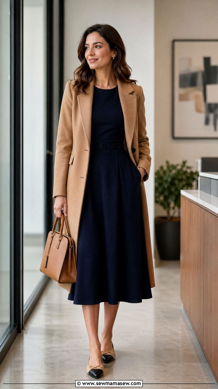 Navy Midi Dress Outfit With Camel Coat And Two Tone Flats - 35 classy dress outfits