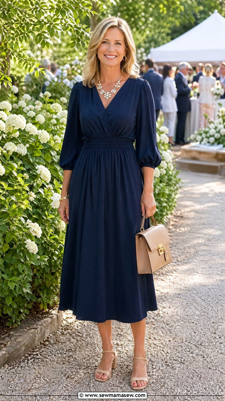 Navy Midi Dress with Defined Waist and Low Heeled Sandals - 35 What to wear in spring for women over 50