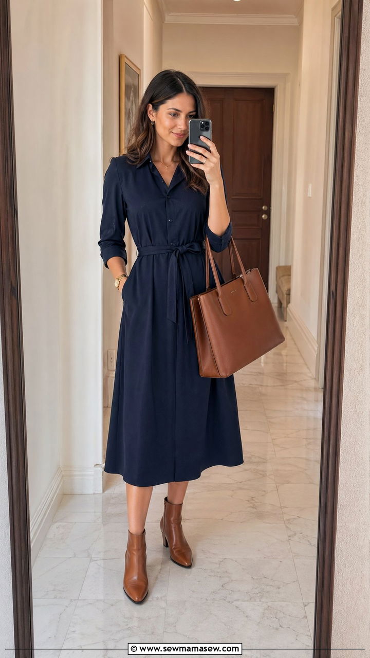 Navy Midi Shirt Dress With Structured Tote - 35 Court reporter outfit ideas