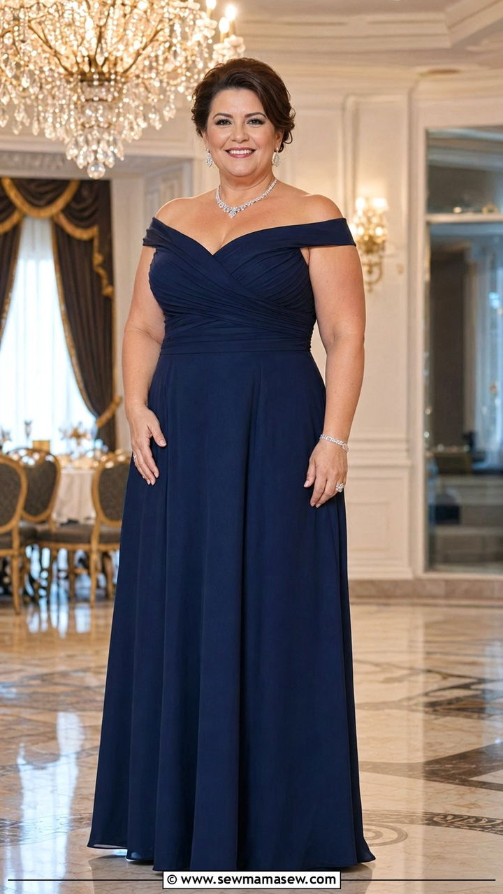 Navy Off Shoulder A Line Gown - 35 Plus size outfits for women over 50