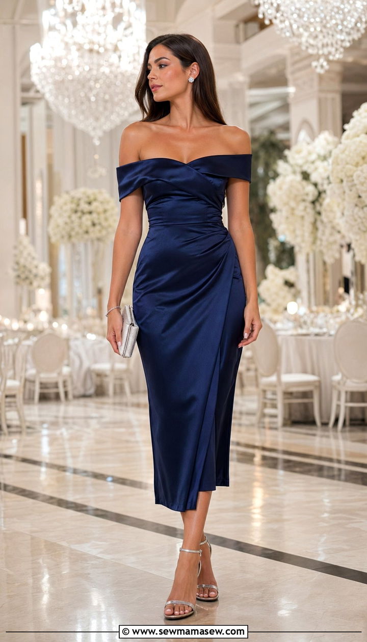 Navy Off Shoulder Satin Dress Wedding Outfit - 30 What to wear to a wedding over 40