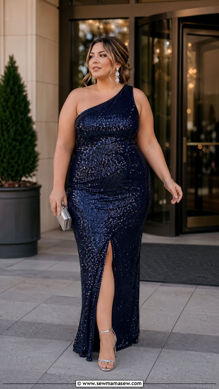 Navy One Shoulder Sequin Plus Size Wedding Guest Dress - 35 wedding guest outfits for plus size women