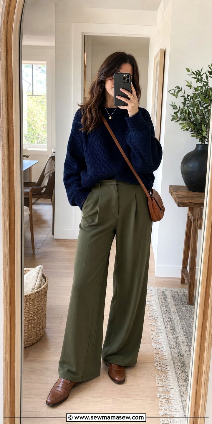 Navy Oversized Sweater with Olive Green Trousers - 30 Blue and green outfit ideas