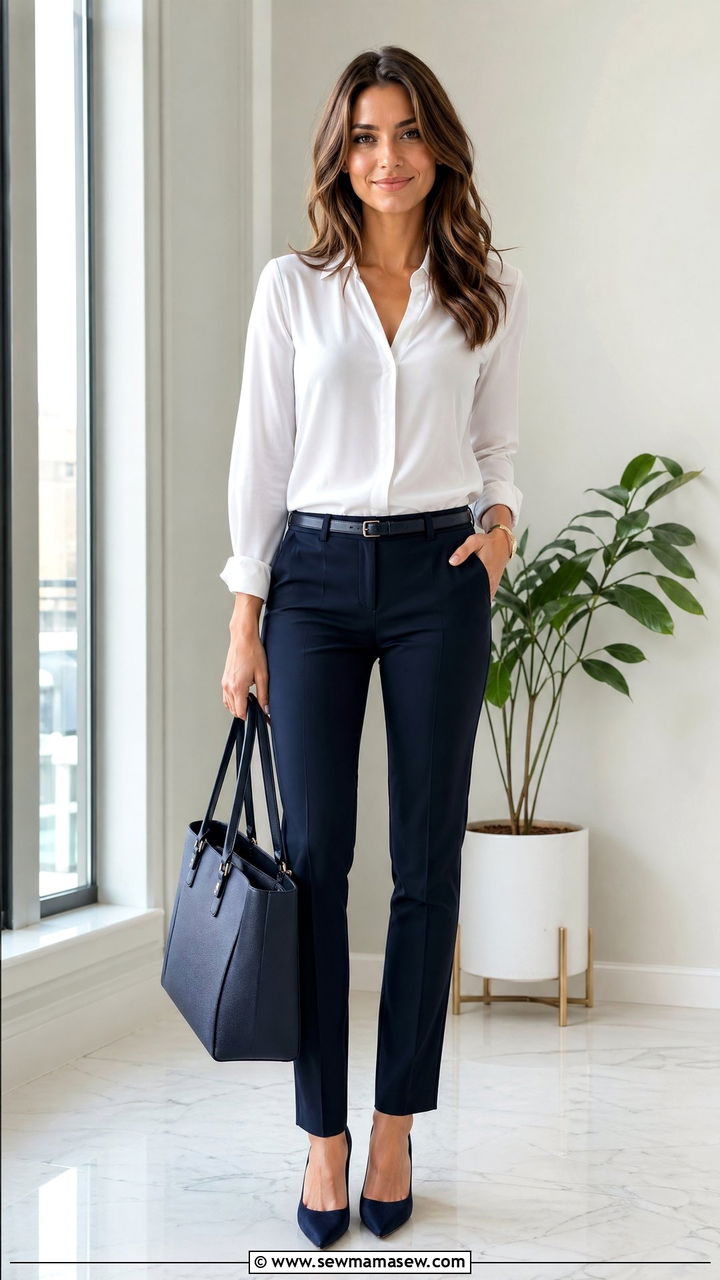 Navy Pants With White Blouse Interview Outfit - 35 Spring job interview outfits