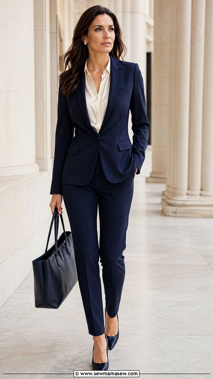 Navy Pantsuit With Silk Blouse Court Outfit - 35 Court appearance outfit ideas