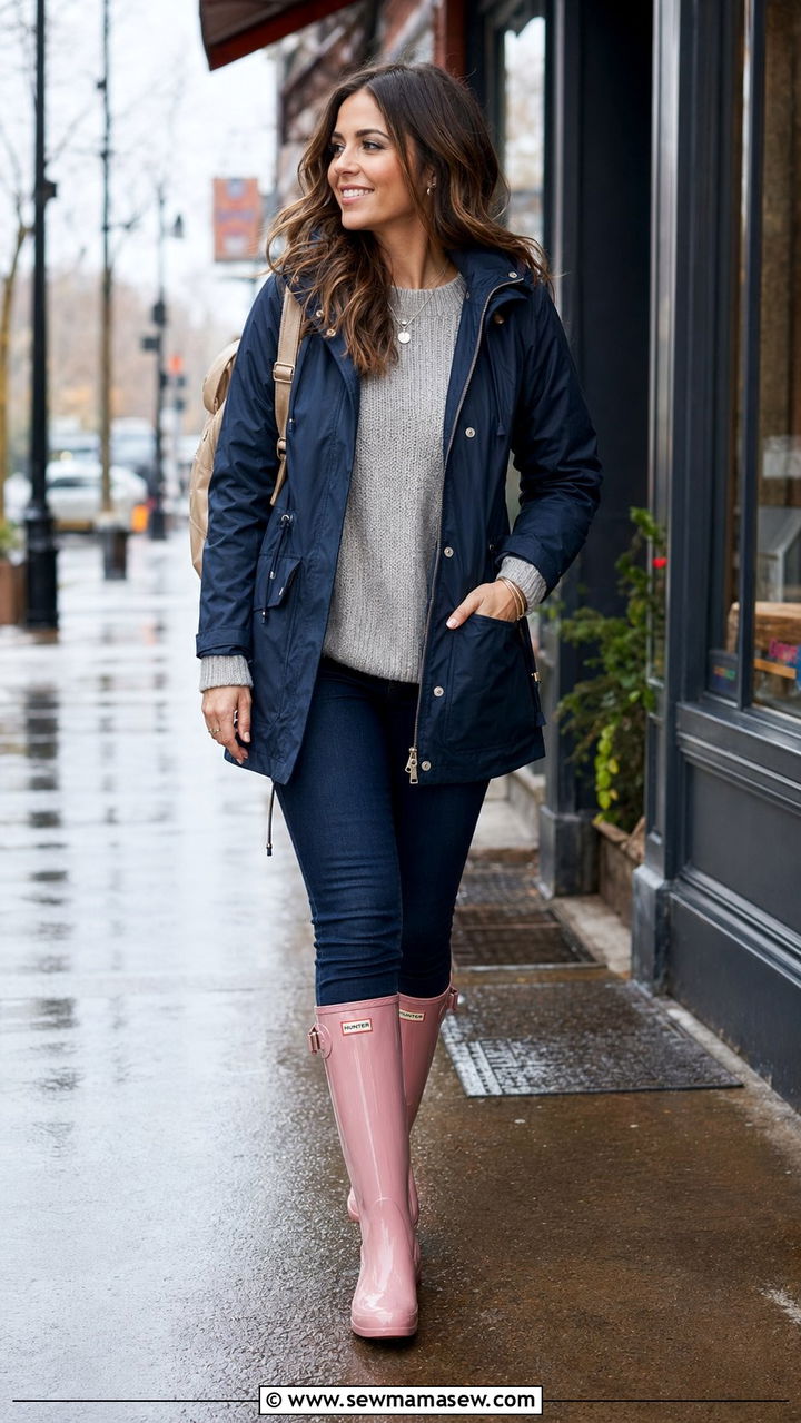 Navy Parka with Pink Rain Boots and Dark Jeans - 35 Rainy summer outfits