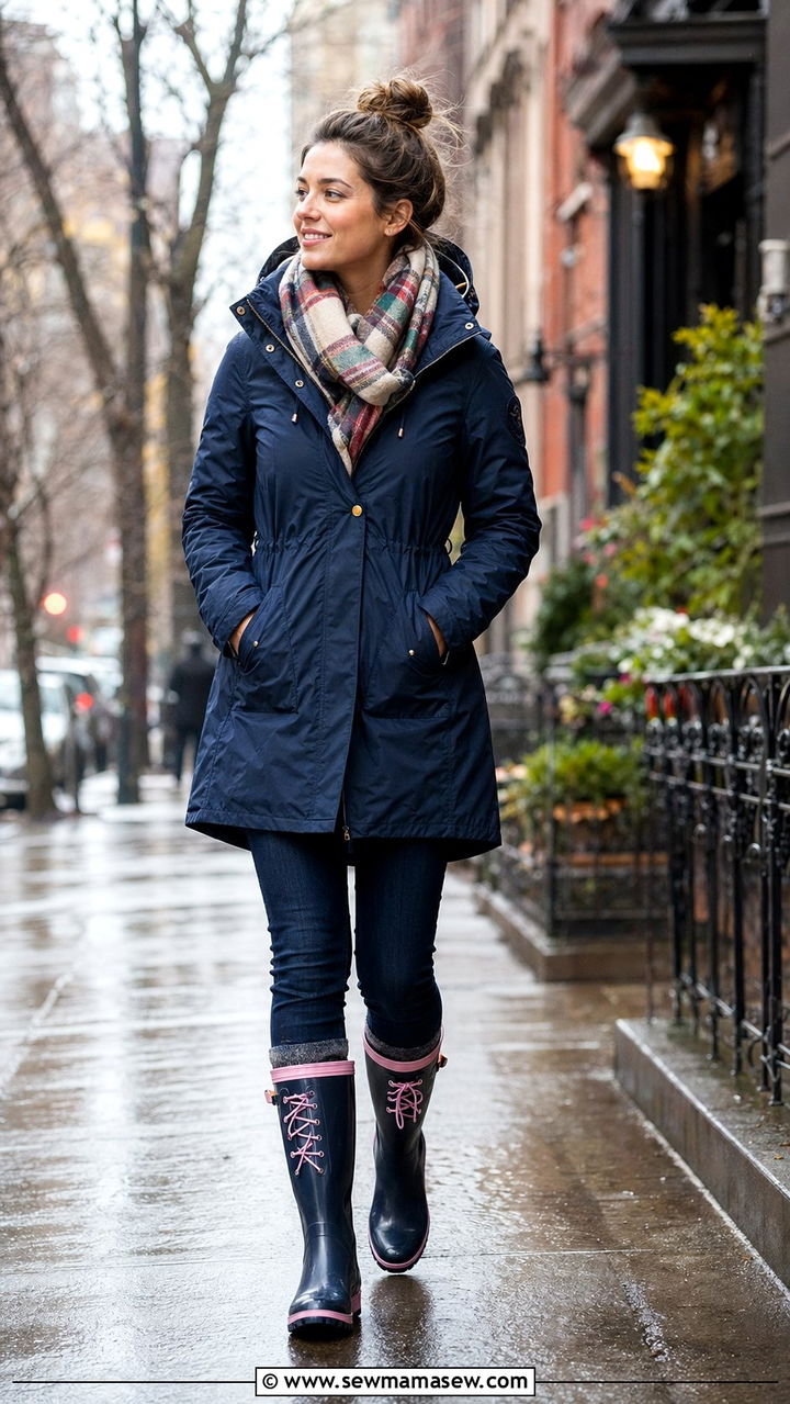 Navy Parka with Pink Rain Boots and Jeans - 35 rainy day outfit ideas