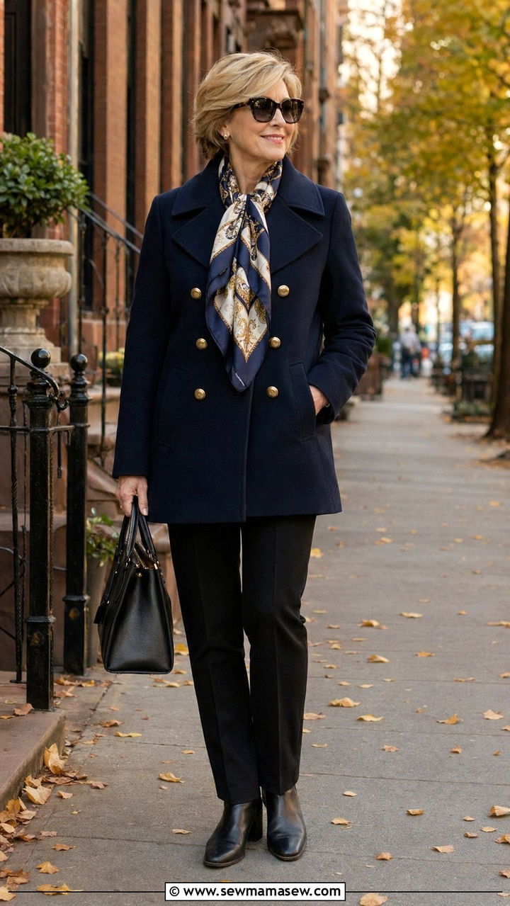Navy Pea Coat with Silk Scarf and Tailored Trousers - 35 Parisian outfits for women over 50