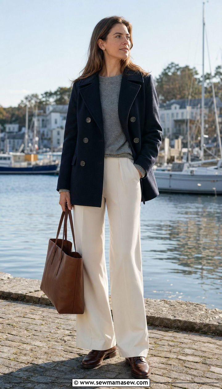 Navy Peacoat With Gray Knit Sweater - 35 Quiet luxury travel outfits