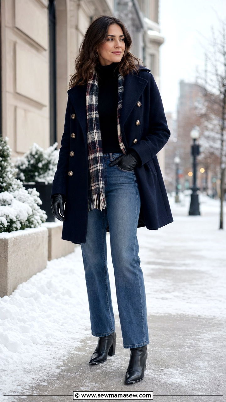 Navy Peacoat with Turtleneck and Straight Leg Jeans - 35 Preppy outfit ideas