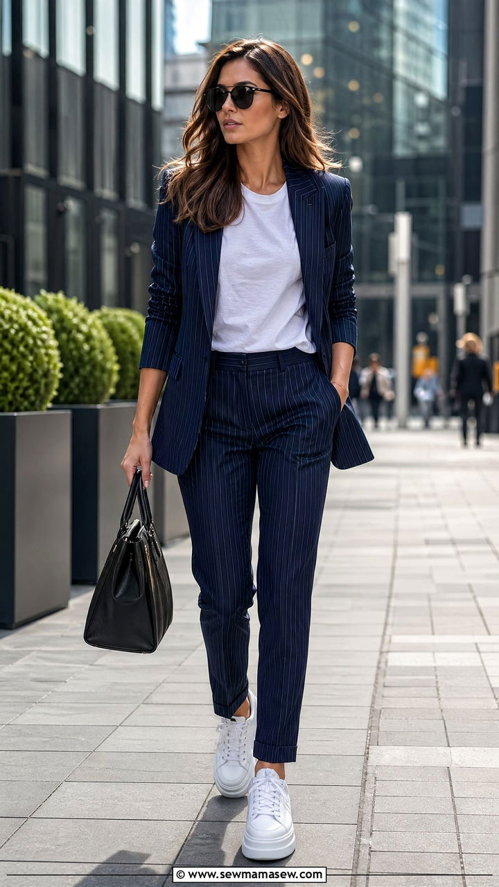Navy Pin Striped Suit With White Sneakers - 35 Uptown girl outfit ideas