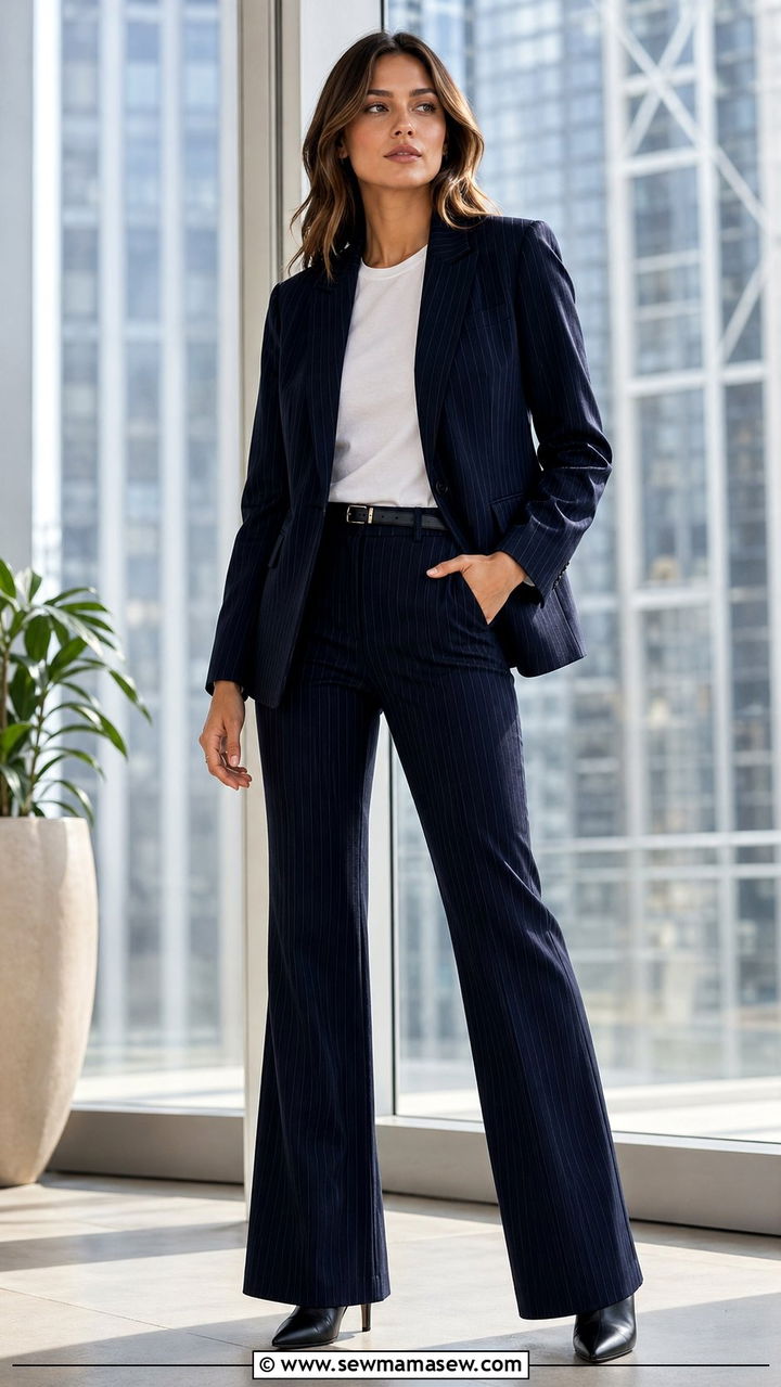 Navy Pinstripe Blazer and Bootcut Trousers - 30 Blazer and pants matching set outfit ideas