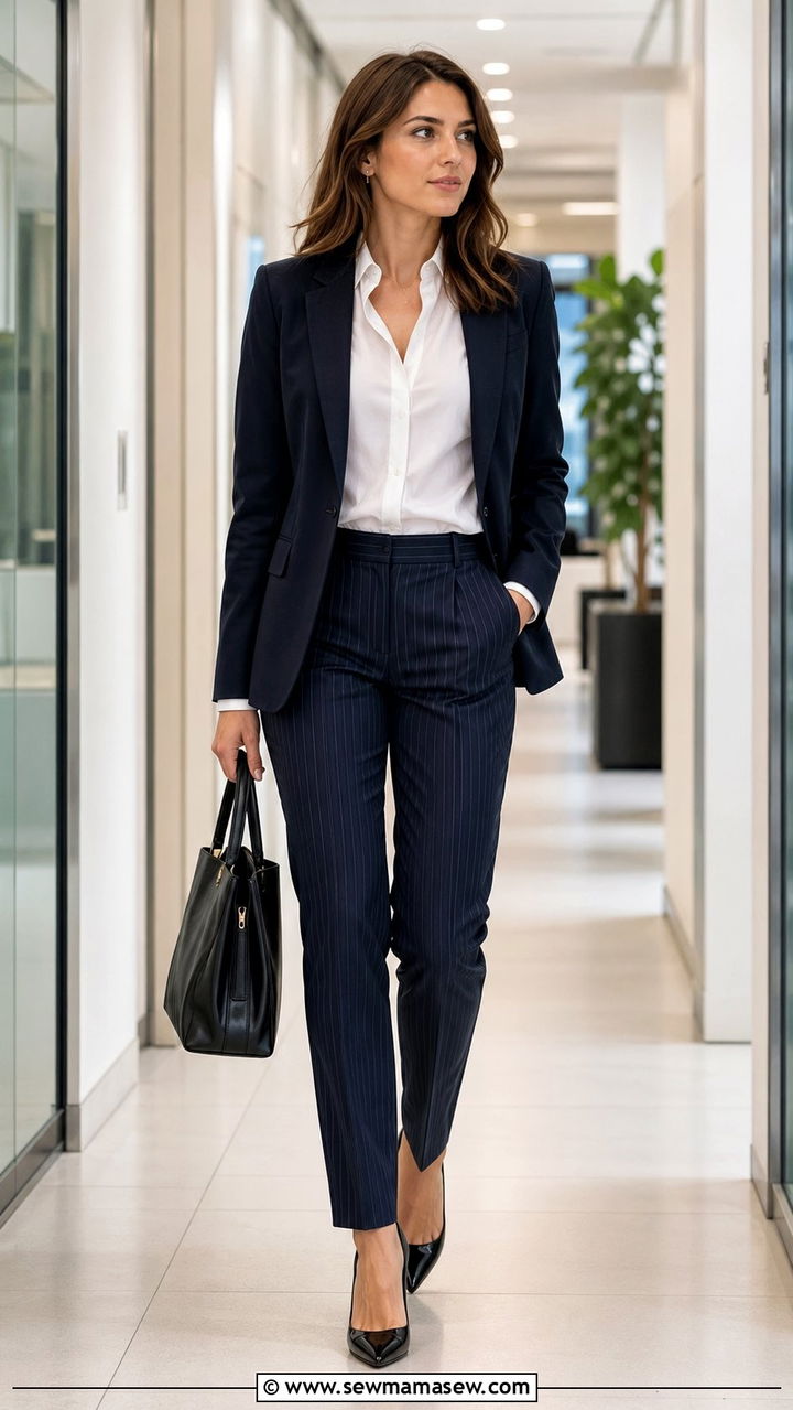 Navy Pinstripe Trousers Work Outfit - 30 Blue outfit ideas for work