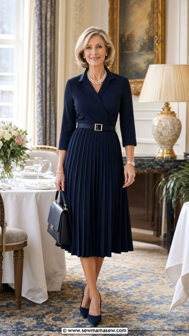 Navy Pleated Dress with Pearl Accessories - 35 Old money outfits for women over 50