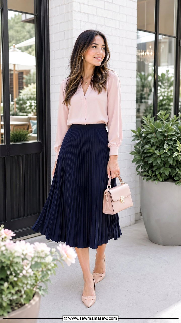 Navy Pleated Midi Skirt With Pastel Blouse - 35 spring navy outfit ideas