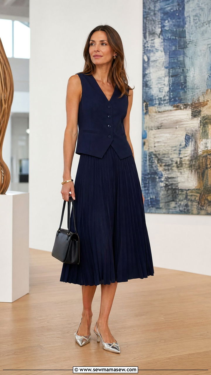 Navy Pleated Midi Skirt With Sleeveless Vest - 35 Classy summer outfit ideas 2026