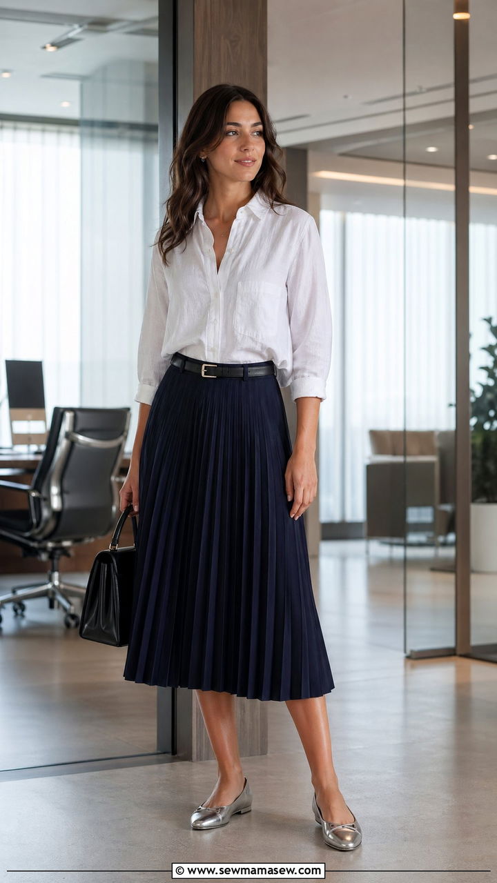 Navy Pleated Midi Skirt and Linen Shirt - 35 summer business casual outfit ideas