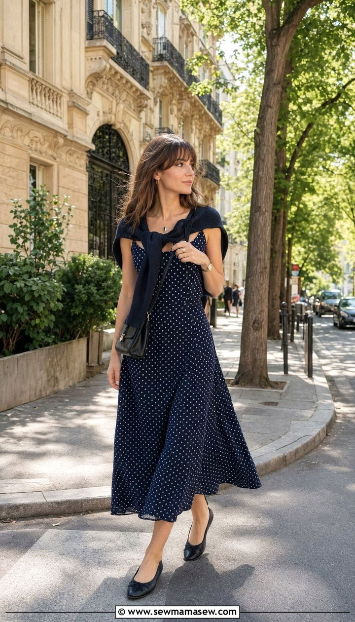 Navy Polka Dot Midi Dress With Ballet Flats - 35 Parisian outfits 2026