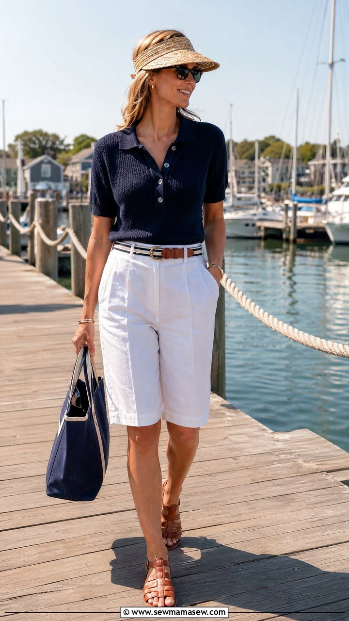 Navy Polo Knit and White Linen Bermuda Shorts - 35 summer coastal grandmother outfit ideas