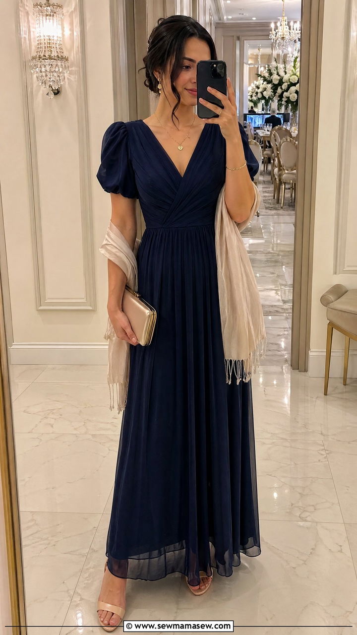 Navy Puff Sleeve Maxi Dress for Formal Reception - 35 chic wedding guest outfits for women
