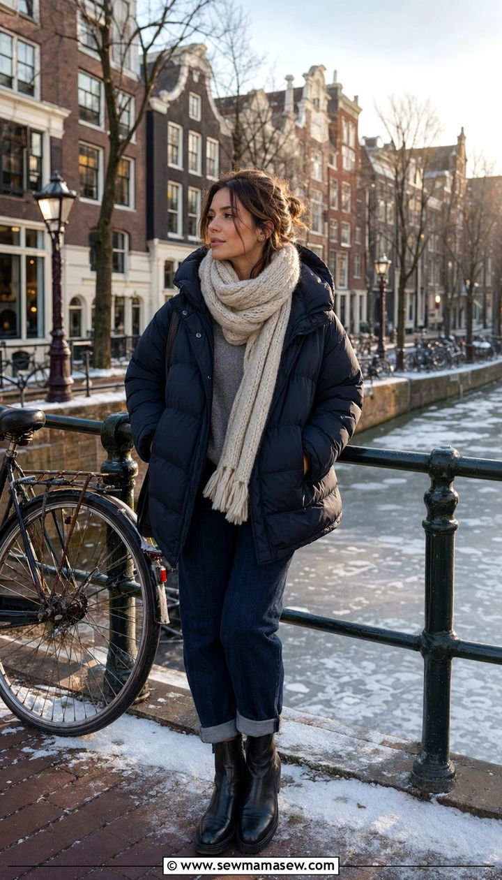 Navy Puffer Coat and Cream Scarf Amsterdam - 30 Amsterdam outfit ideas