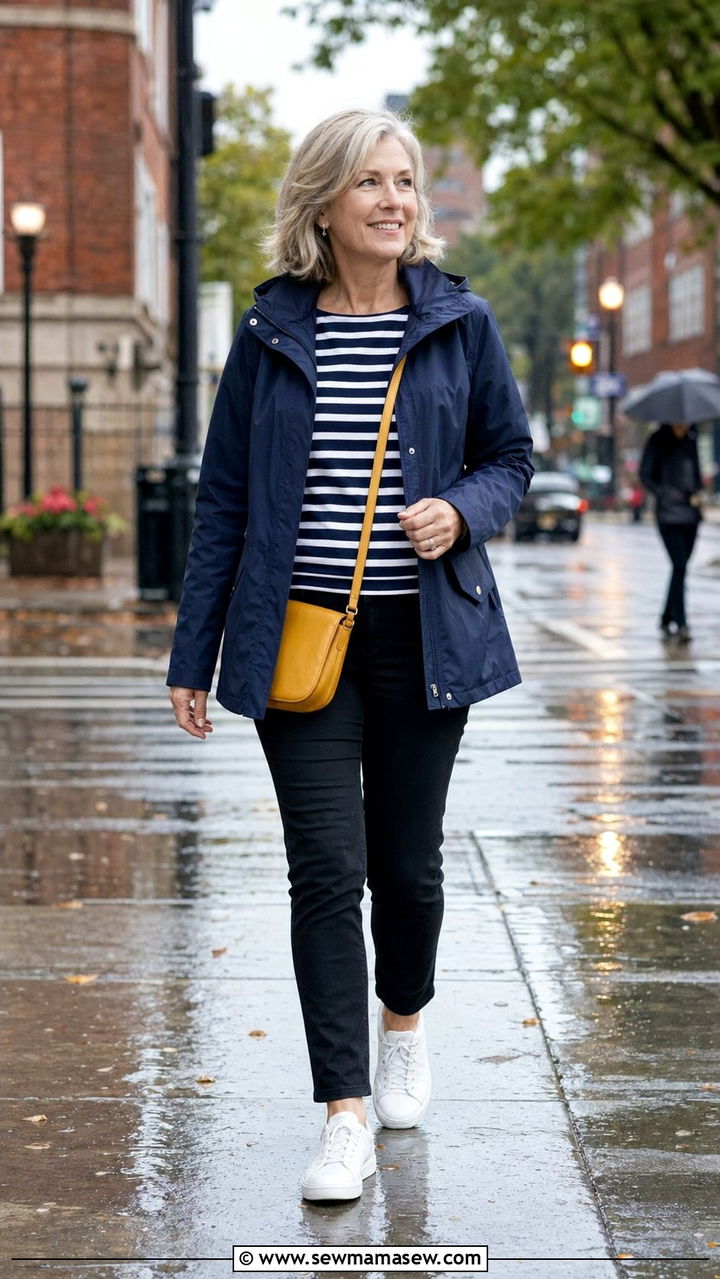 Navy Rain Jacket With a Striped Top and White Sneakers - 30 Best jackets for women over 50