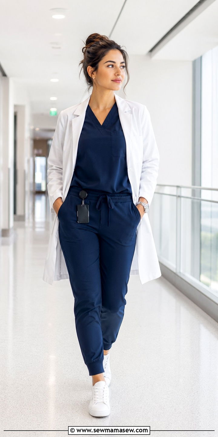 Navy Scrubs with White Lab Coat - 35 Scrubs outfit ideas