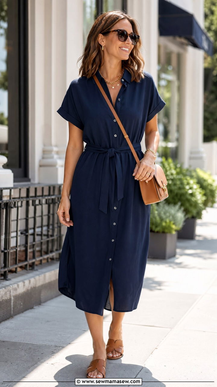 Navy Shirt Dress with Tan Accessories - 35 classy outfits for women over 30