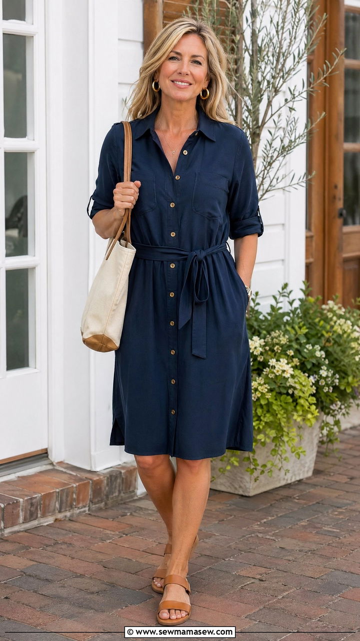 Navy Shirt Dress with Tan Sandals - 35 Summer outfits for women over 40