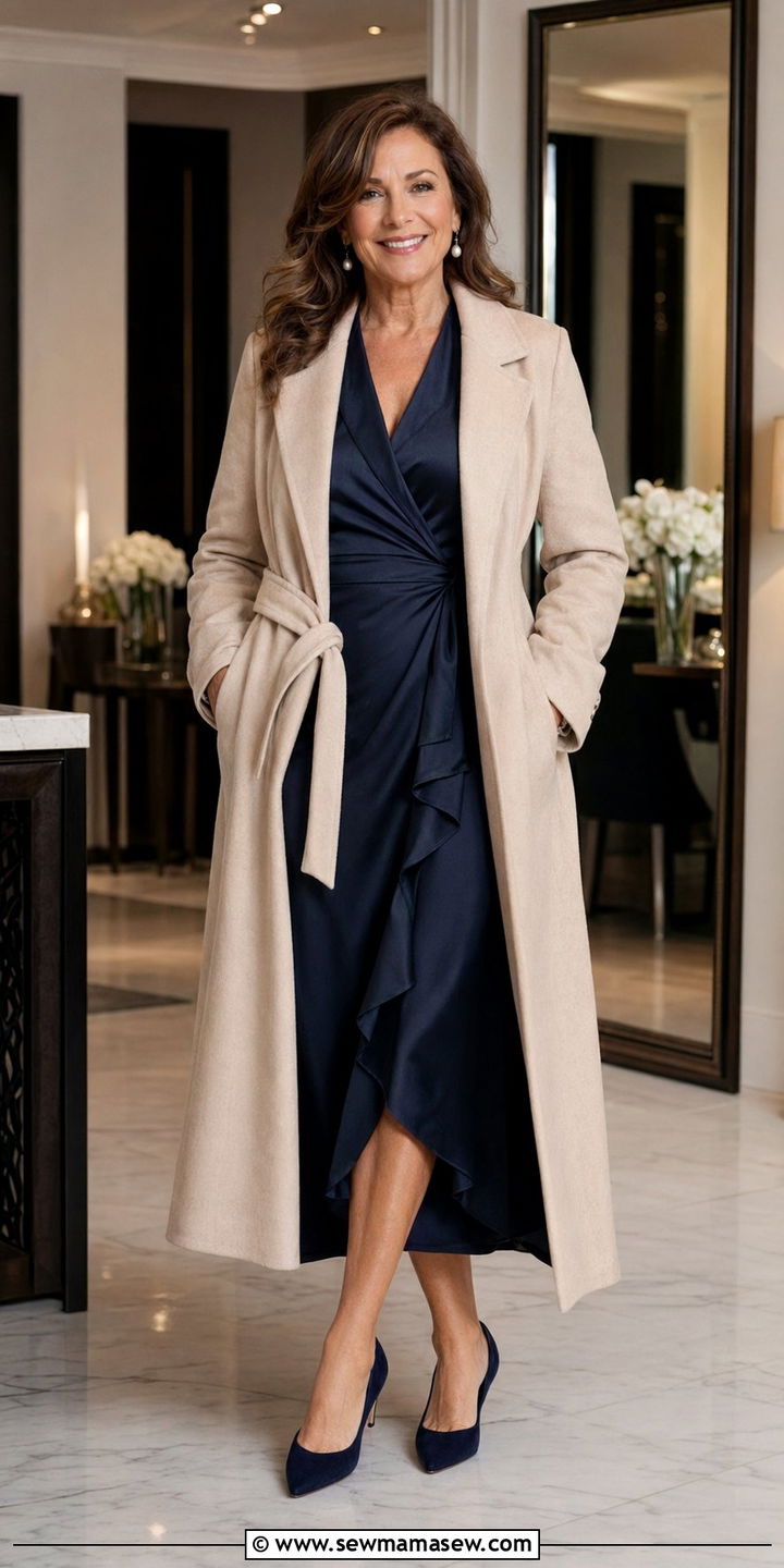 Navy Silk Wrap Dress and Wool Coat - 35 Old money outfits for women over 50