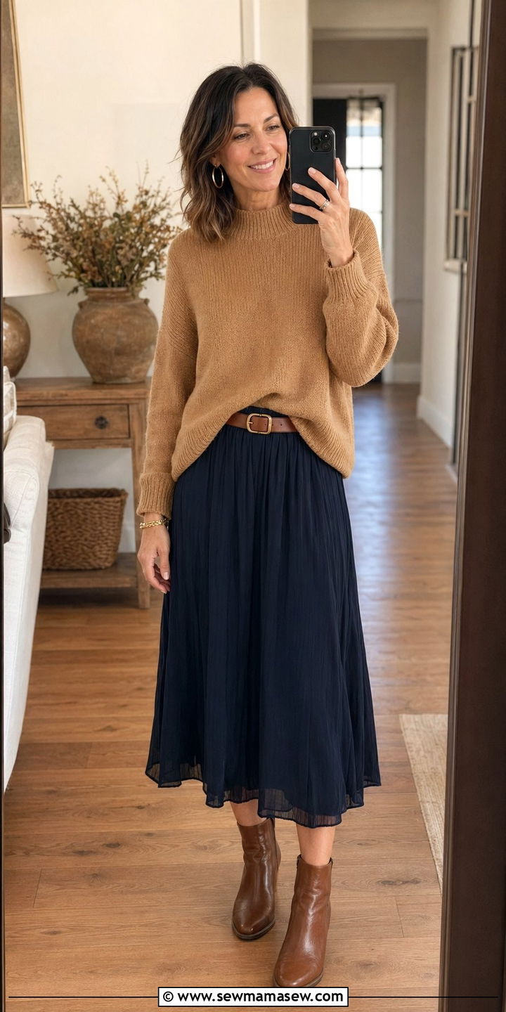 Navy Skirt With a Camel Sweater - 30 Best skirts for women over 40