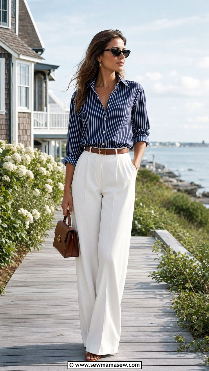 Navy Striped Button Down with White Trousers - 35 Old money spring outfits