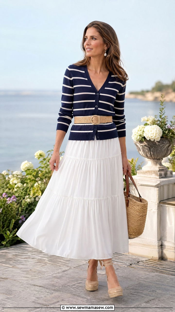 Navy Striped Cardigan and White Flowy Maxi Skirt - 35 summer coastal grandmother outfit ideas