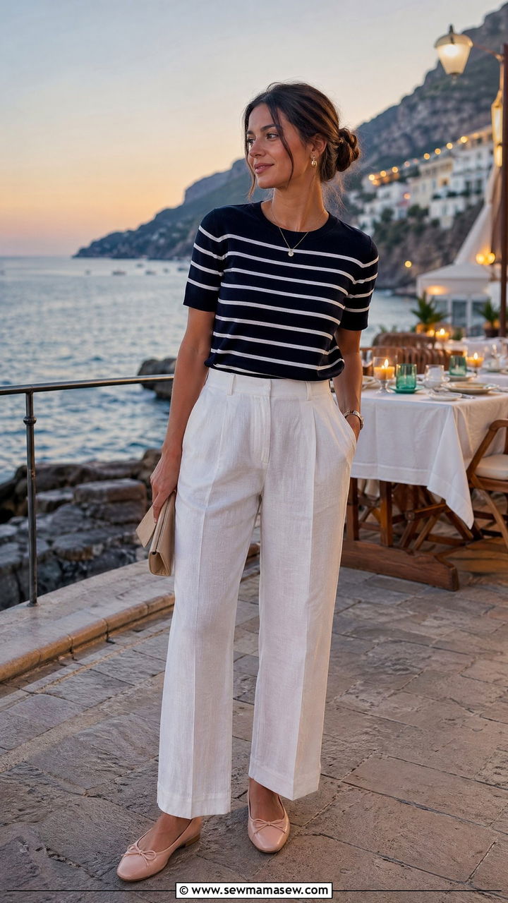 Navy Striped Knit Top With White Linen Trousers and Ballet Flats - 35 Clean girl casual outfit ideas