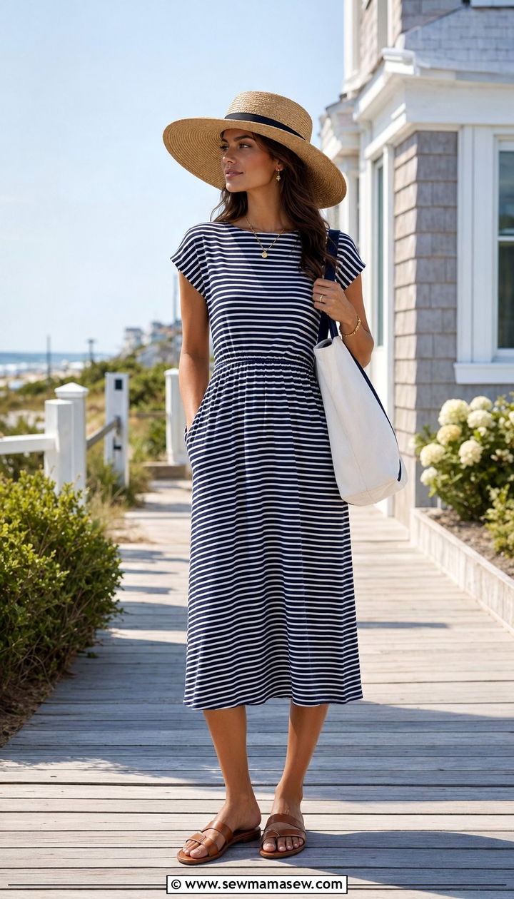 Navy Striped Midi Dress With Straw Hat - 35 Quiet luxury outfit ideas summer 2026
