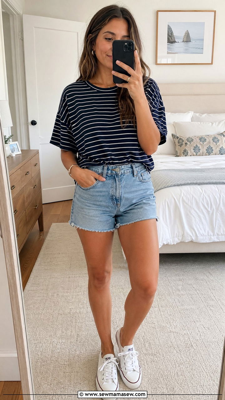 Navy Striped Top With High Waisted Denim Shorts - 35 summer minimalist outfit ideas