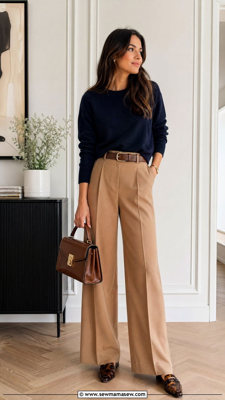 Navy Sweater With Camel Trousers - 35 spring navy outfit ideas