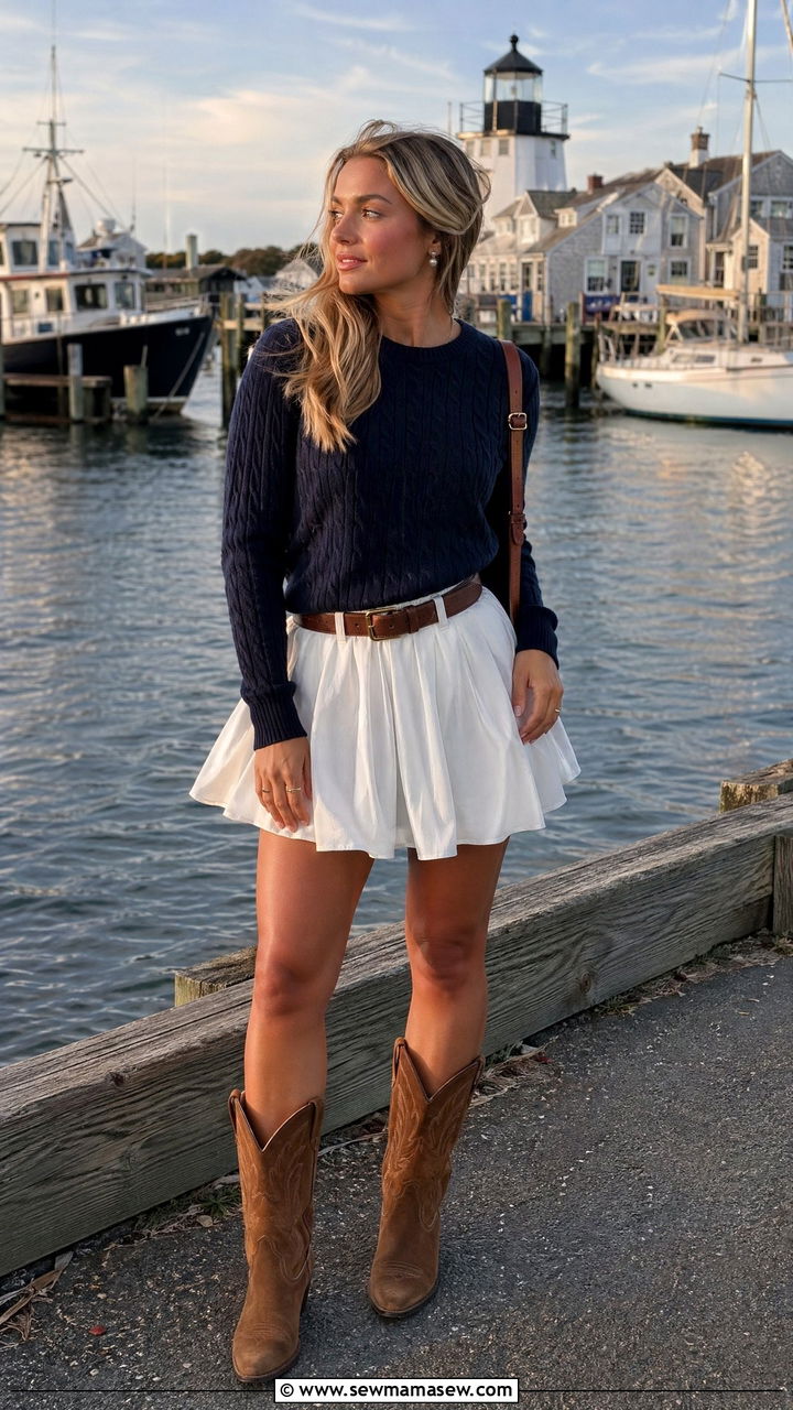 Navy Sweater With Flowy Skirt and Suede Boots - 35 Coastal cowgirl outfit ideas