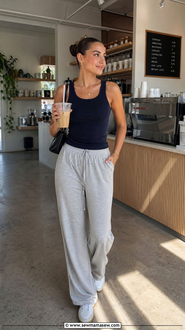Navy Tank Top with Grey Lounge Pants and Sneakers - 35 summer clean girl outfit ideas