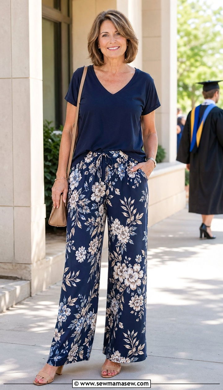 Navy Tee With Wide Leg Floral Pants - 35 Graduation outfits for women over 50