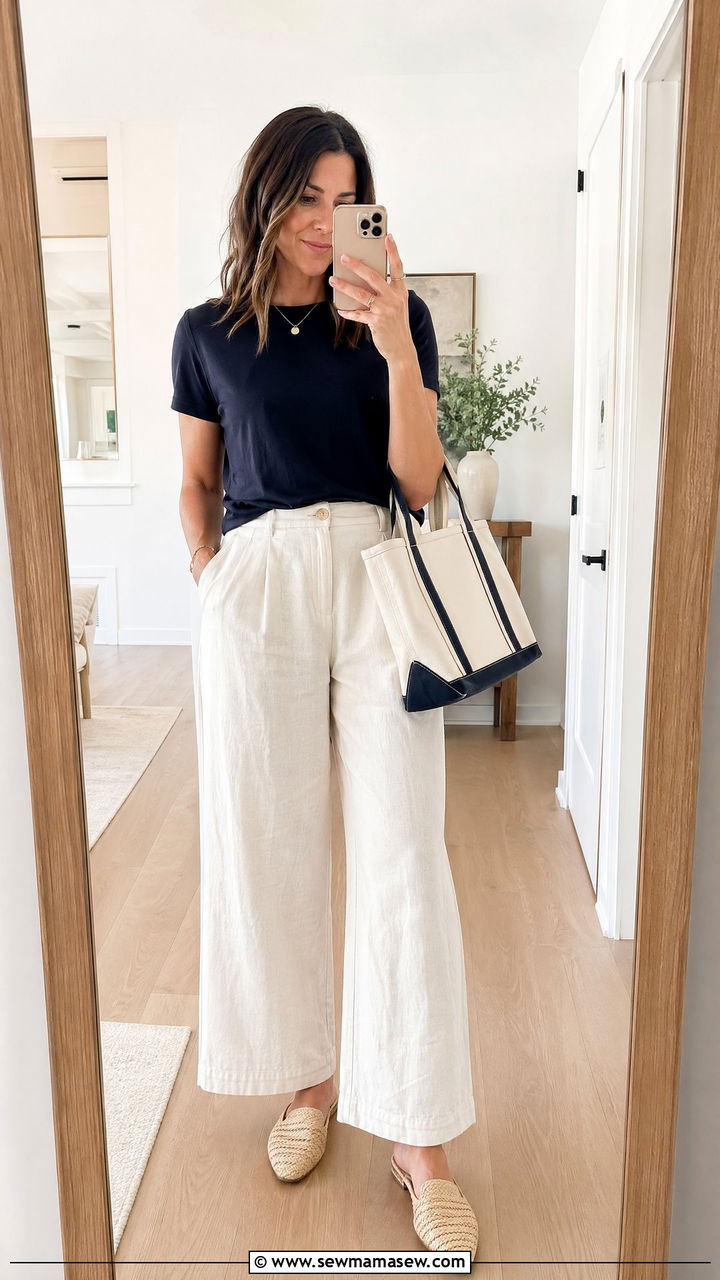 Navy Tee and Wide Leg Linen Pants - 35 Summer capsule wardrobe for moms