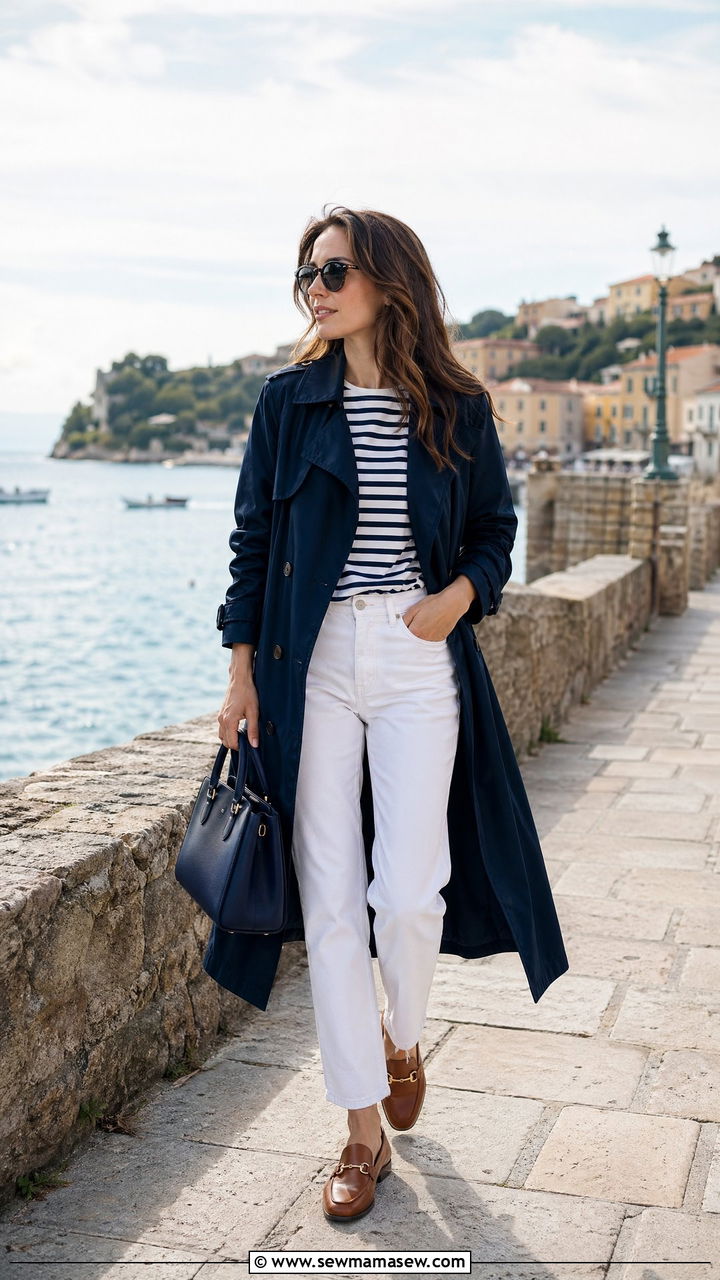Navy Trench Coat With Striped Tee And White Jeans - 40 trench coat outfits