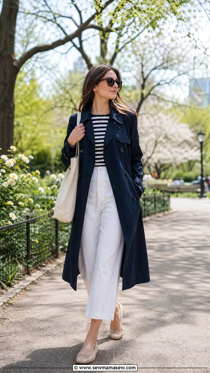 Navy Trench Coat With Striped Top - 35 spring navy outfit ideas