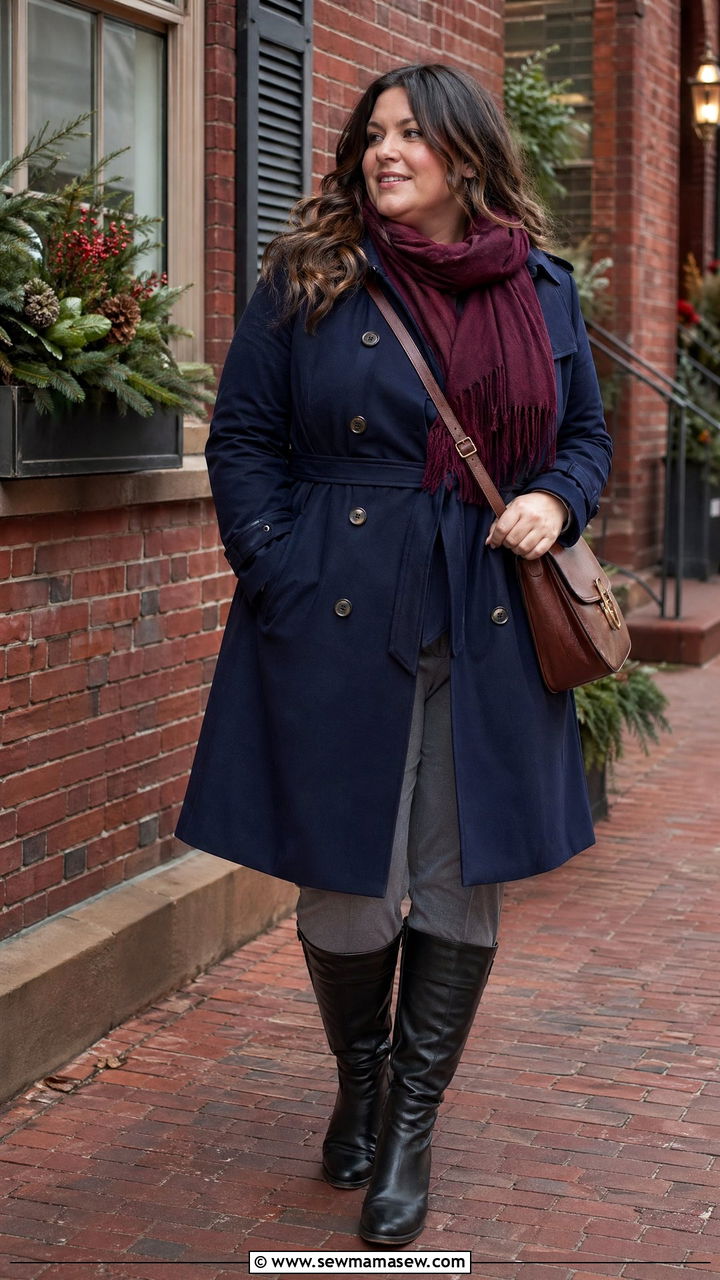 Navy Trench Coat with Burgundy Scarf - 35 classy outfits for plus size women