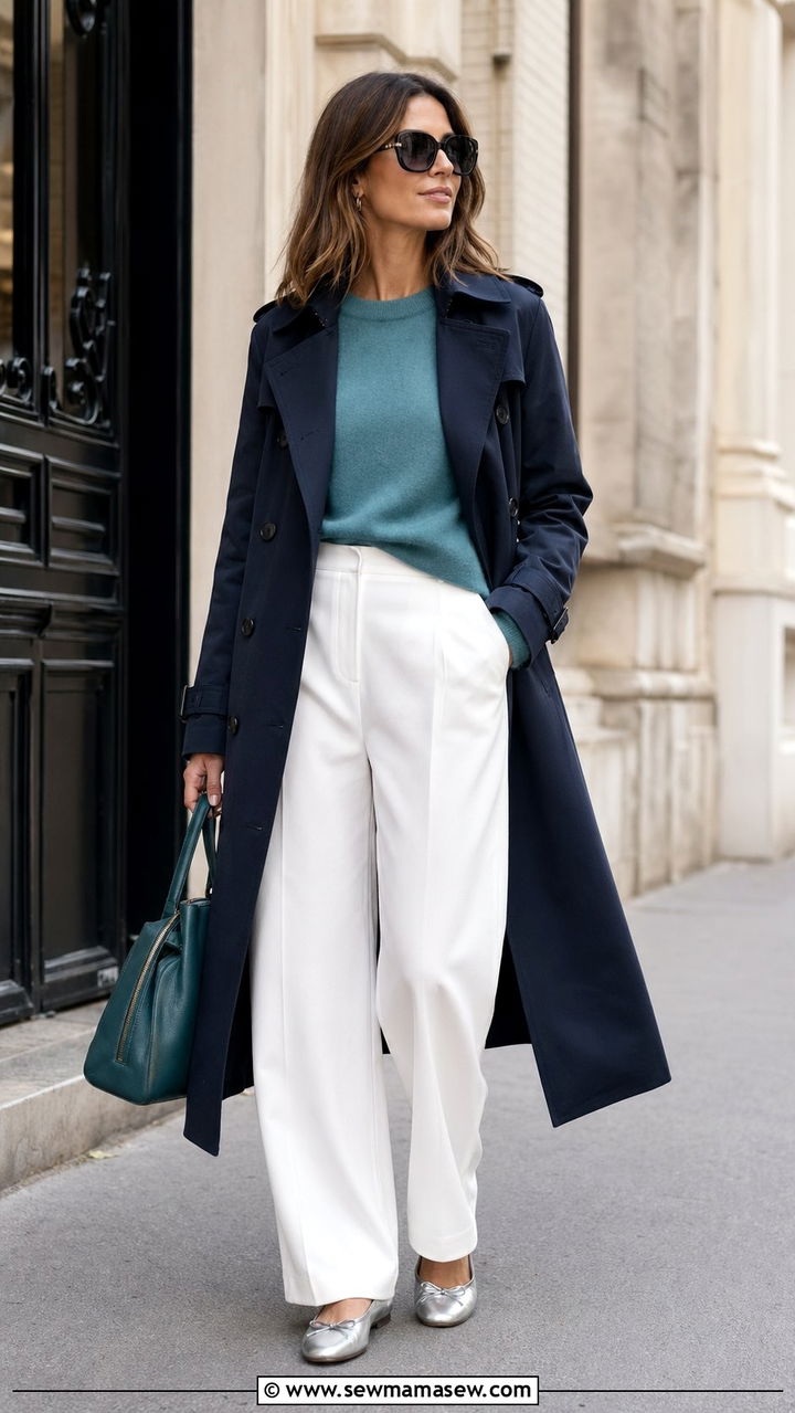 Navy Trench Coat with Teal Sweater and White Trousers - 30 Blue and green outfit ideas