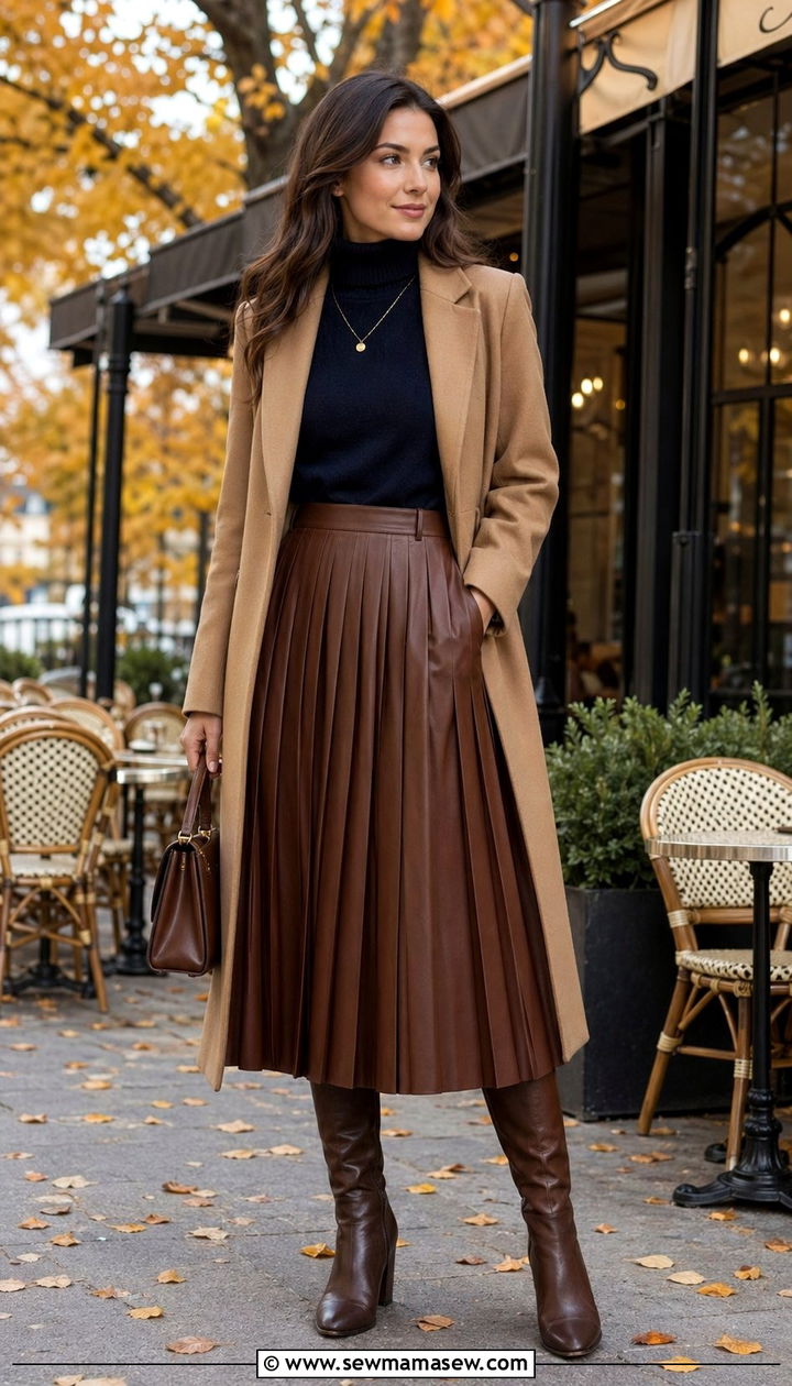 Navy Turtleneck With Brown Pleated Midi Skirt - 35 Old money outfit ideas for women over 50