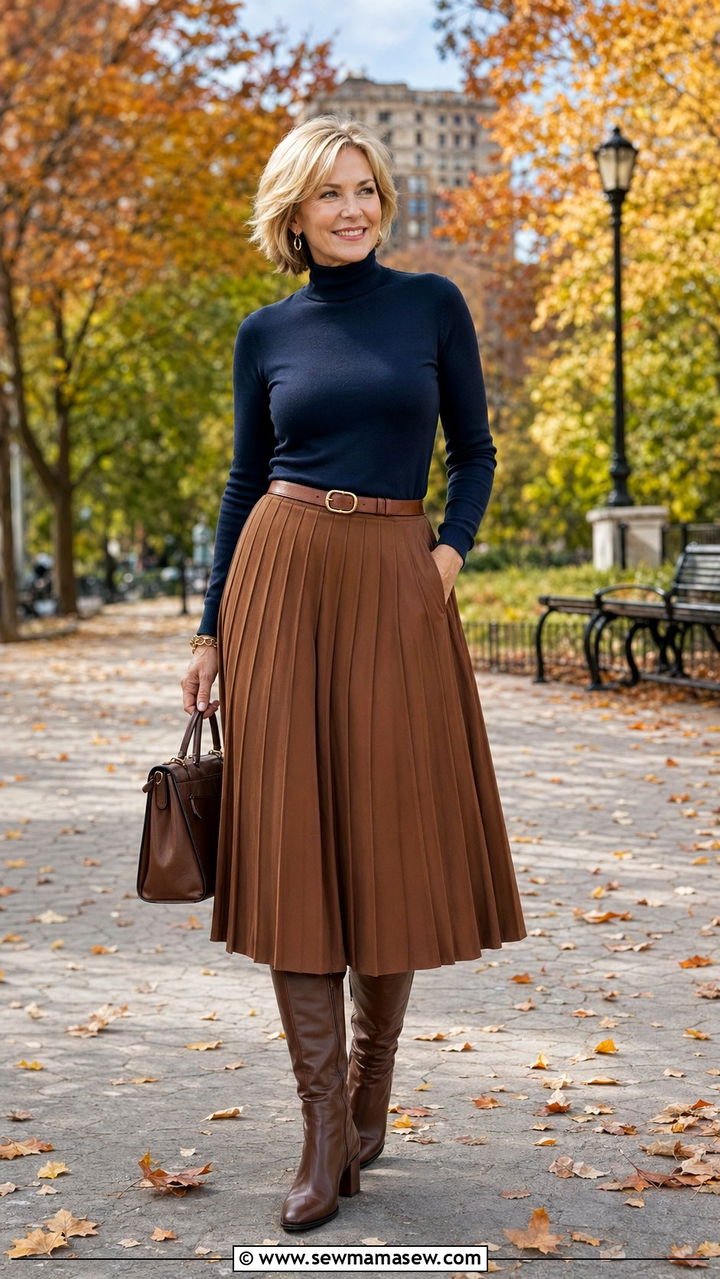Navy Turtleneck and Brown Pleated Midi Skirt - 35 Old money outfits for women over 50