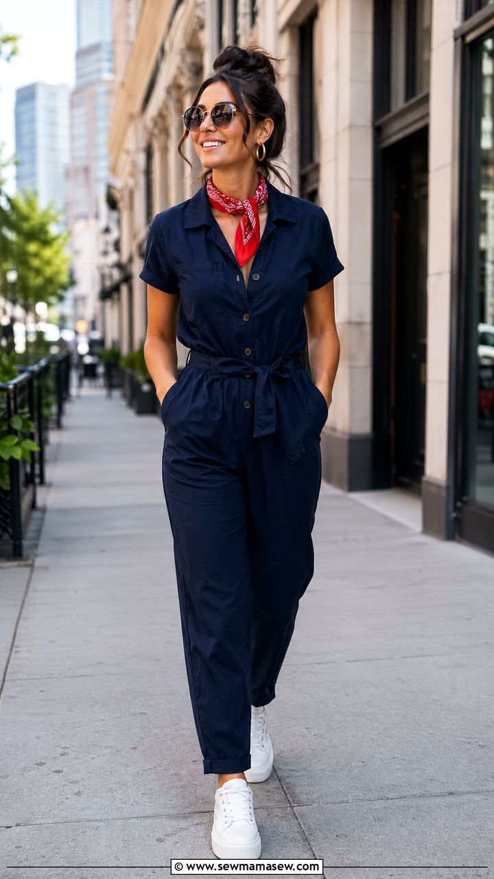 Navy Utility Jumpsuit With White Platform Sneakers - 35 summer memorial day outfit ideas