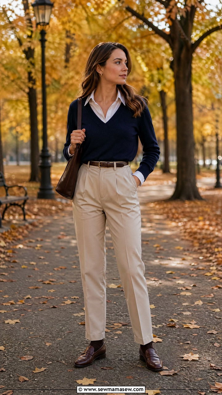 Navy V neck sweater over a collared shirt - 35 casual old money outfits