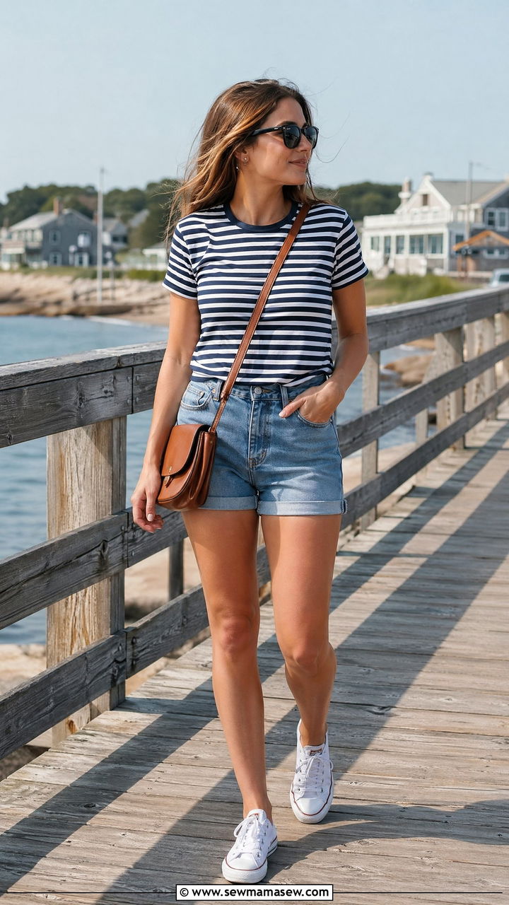 Navy White Striped Tee With Denim Shorts - 35 summer capsule wardrobe outfit ideas